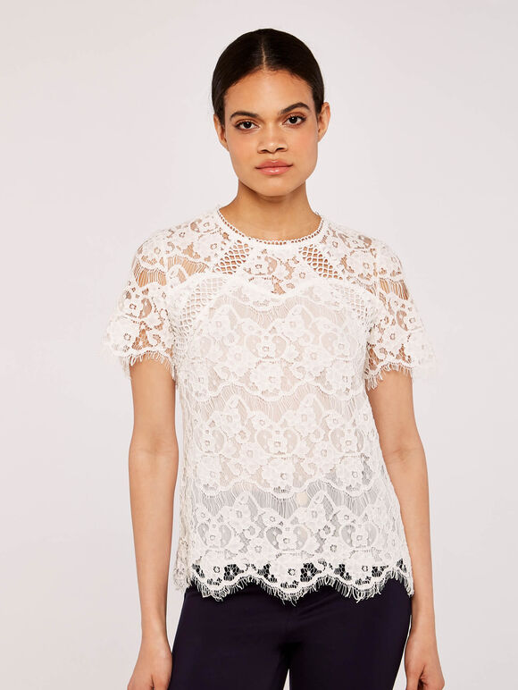  Lace Scallop Edge Top, White, large
