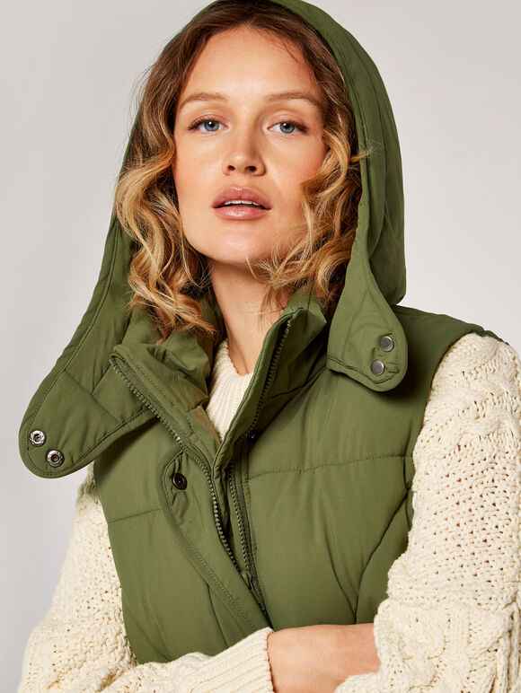 Button Longline Puffer Gilet, Khaki, large