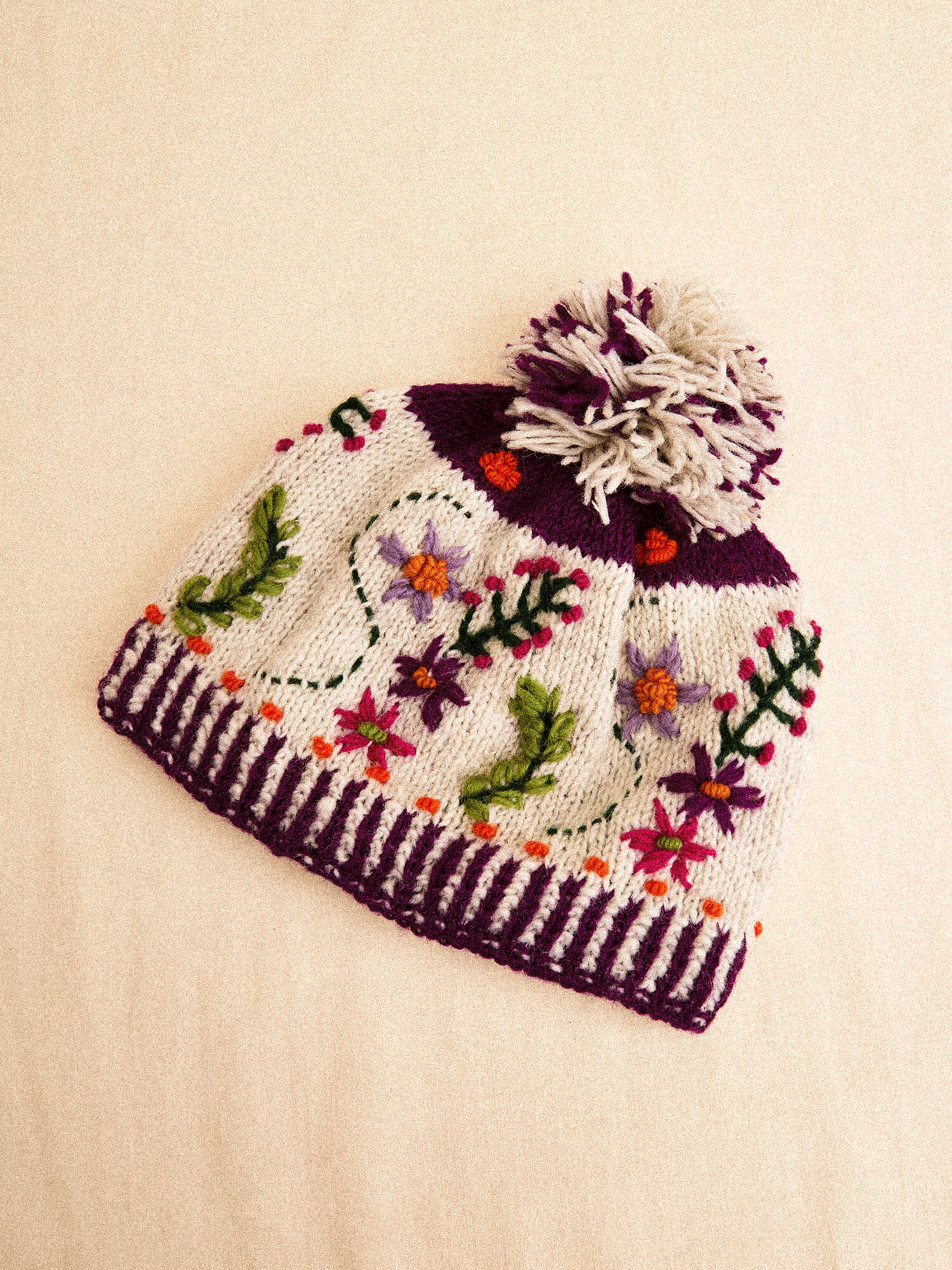 Hand Knitted Floral Embroidered Beanie Hat Apricot Clothing