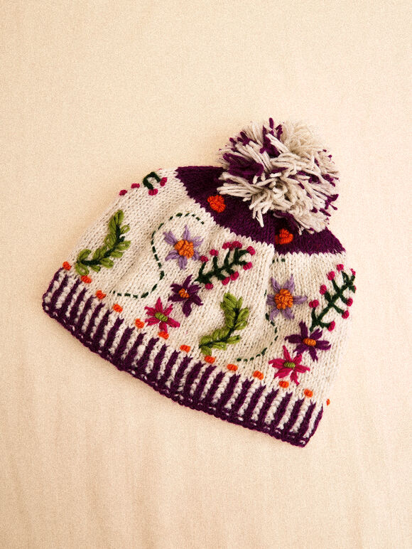 Hand-Knitted Floral Embroidered Beanie Hat, Grey, large