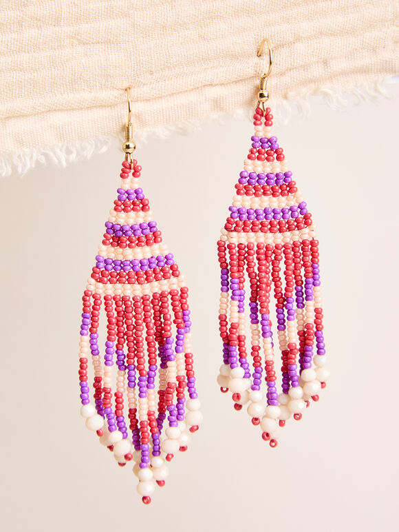 Beaded Fringe Hook Earrings, Red, large