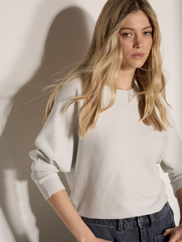 Metallic Ribbed Knit Jumper, White, large