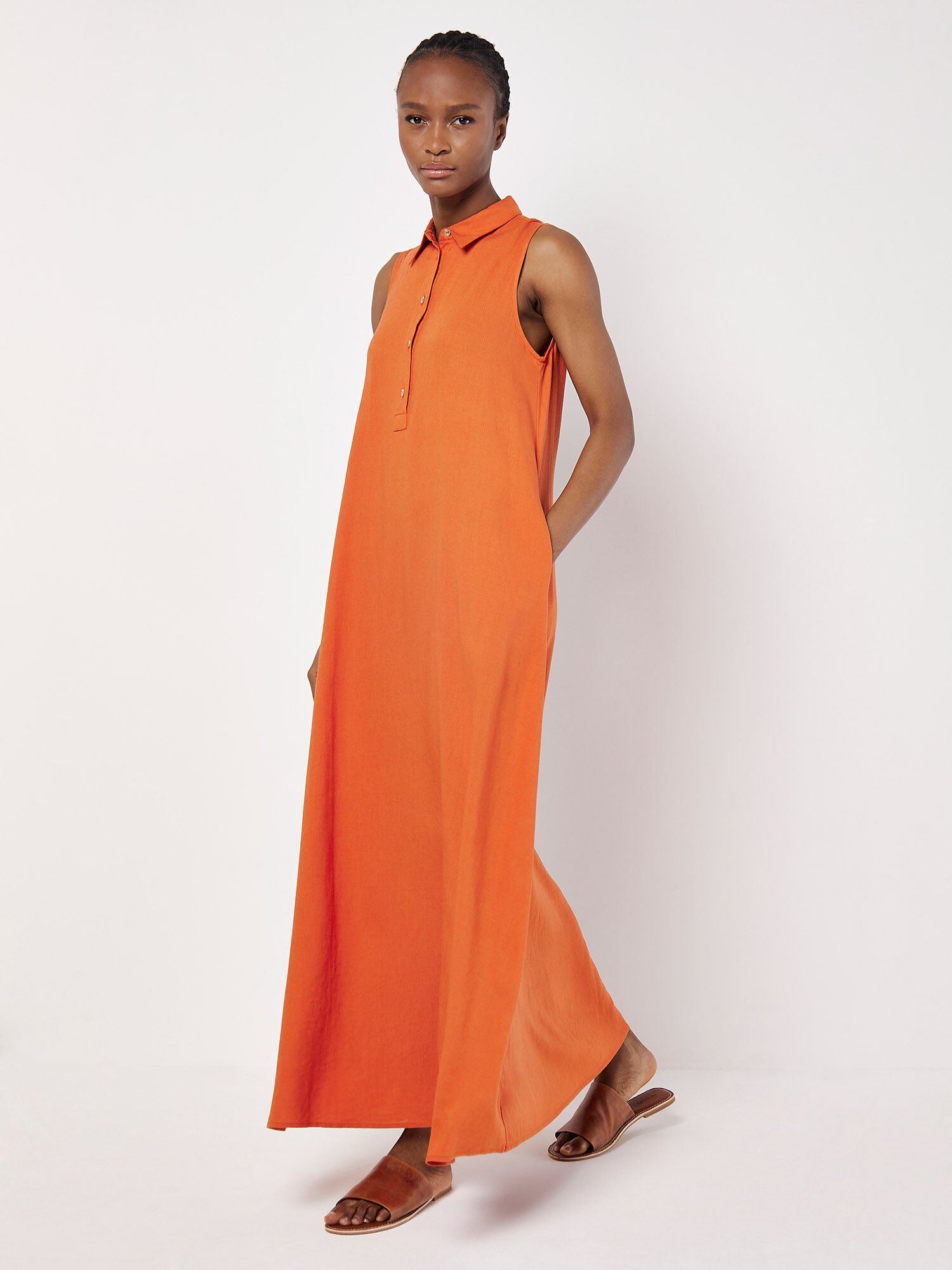 Linen Blend Shirt Maxi Dress Apricot Clothing