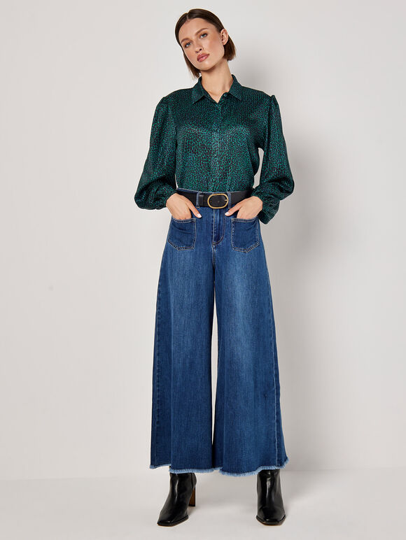 Animal Print Self Stripe Satin Shirt, Green, large
