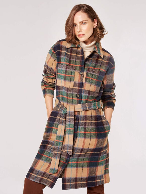 Checked Oversized Shirt Coat, Brown, large