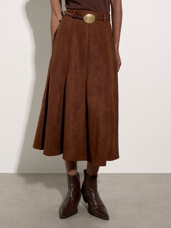Suedette A-Line Midi Skirt, Brown, large