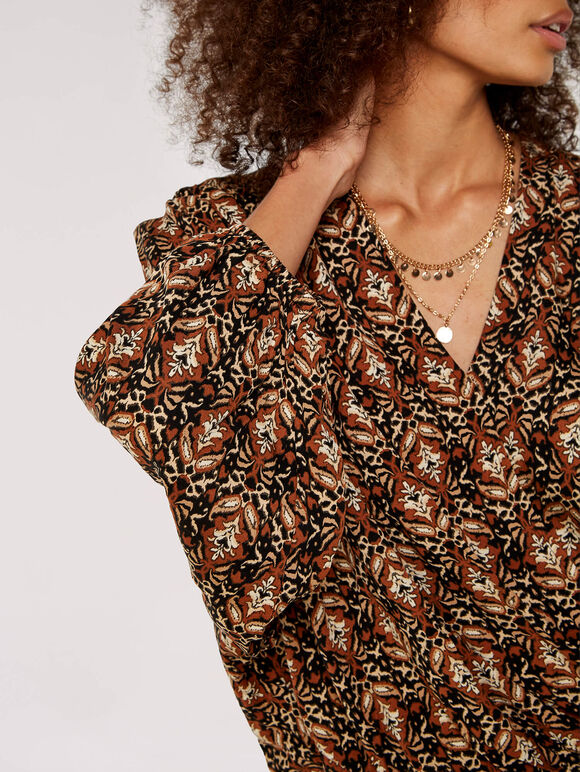 Ikat Tile Print Wrap Top, Rust, large