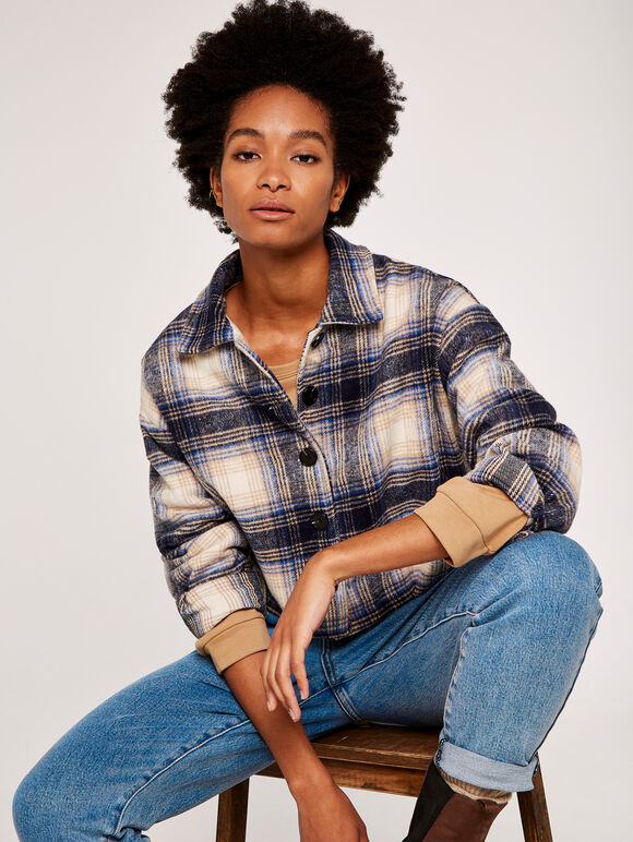 Plaid  Crop Jacket, Navy, large