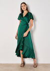 Satin Ruffle Wrap Maxi Dress, Green, large