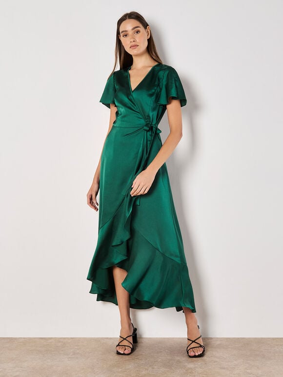 Satin Ruffle Wrap Maxi Dress, Green, large