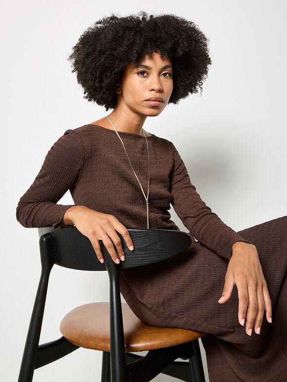 Textured Jersey Midi Dress, Brown, large