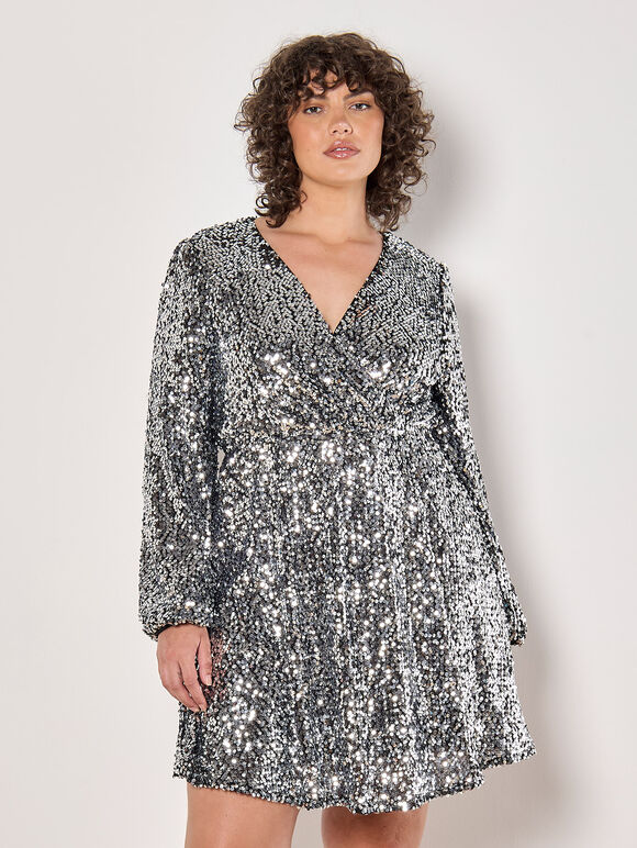 Curve Sequin Wrap Mini Dress, Light Grey / Silver, large