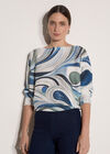 Swirl Print Shimmer Knit Top, Blue, large