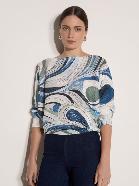 Swirl Print Shimmer Knit Top, Blue, large