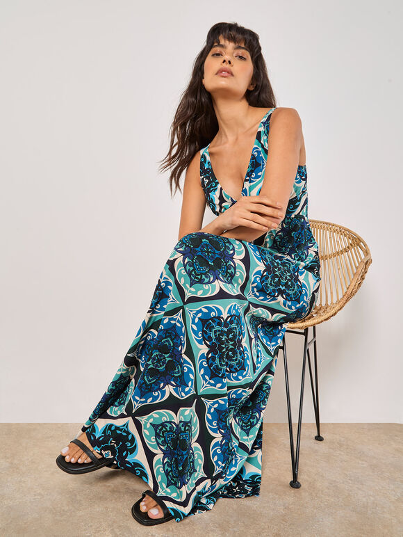 Tile Print Jersey Maxi Dress, Aqua - Turquoise, large