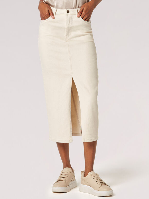 Split Seam Denim Midi Skirt, Cream, large