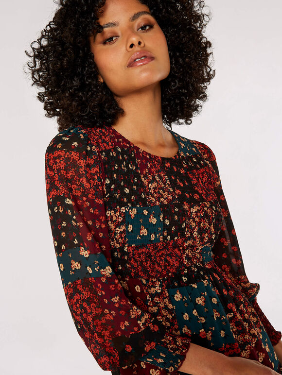 Patchwork Ditsy Midi Dress, Black, large