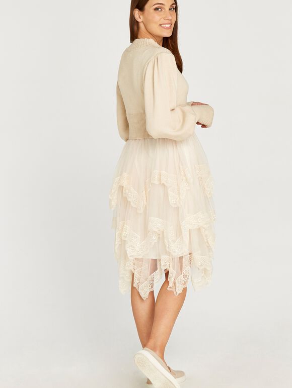 Mesh Skirt Jumper Dress, Stone, large