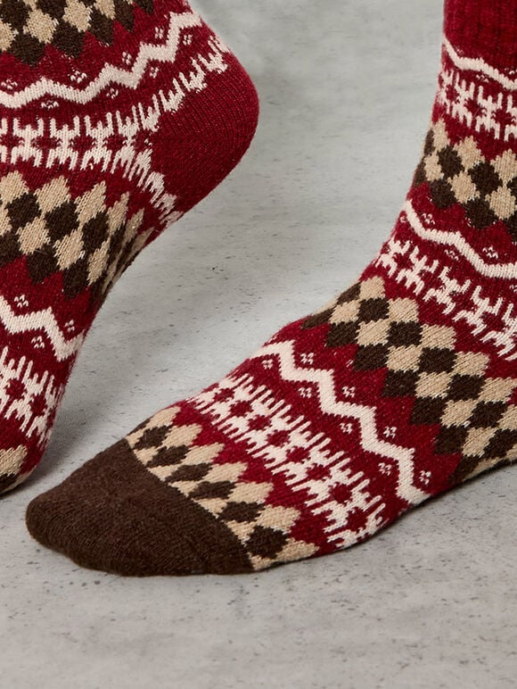 Fairisle Patterned Socks, Red, large