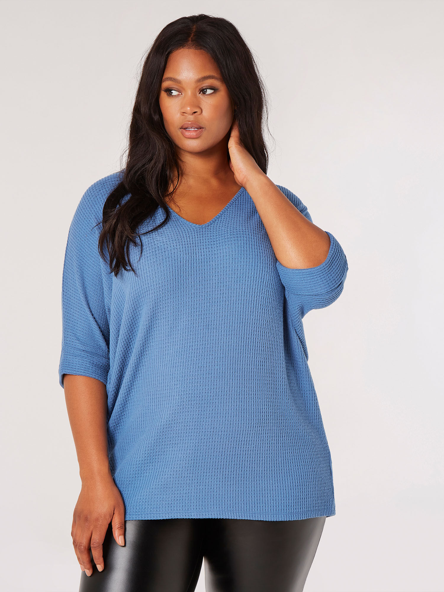 Curve Textured V Neck Batwing Top Apricot Clothing