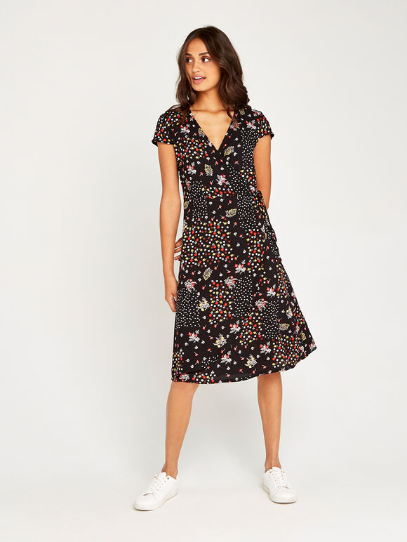 Black Patchwork Floral Wrap Dress, Black, large
