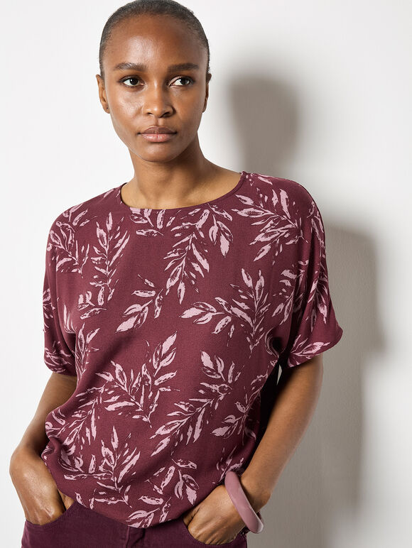 Leaf Print Woven T-Shirt, Burgundy, large
