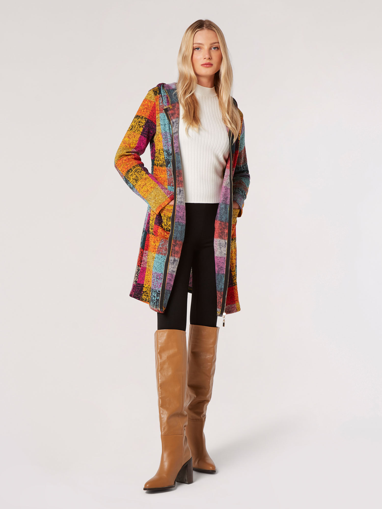 Colourful Check Hooded Coatigan Apricot Clothing