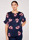 Large Flower Kimono Sleeve Top, Navy, large