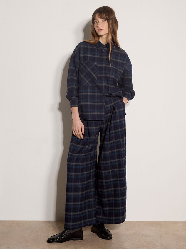 Check Print Wide-Leg Trousers, Navy, large