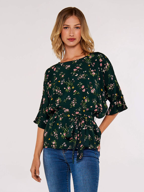 Painterly Floral Tie Top, Green, large