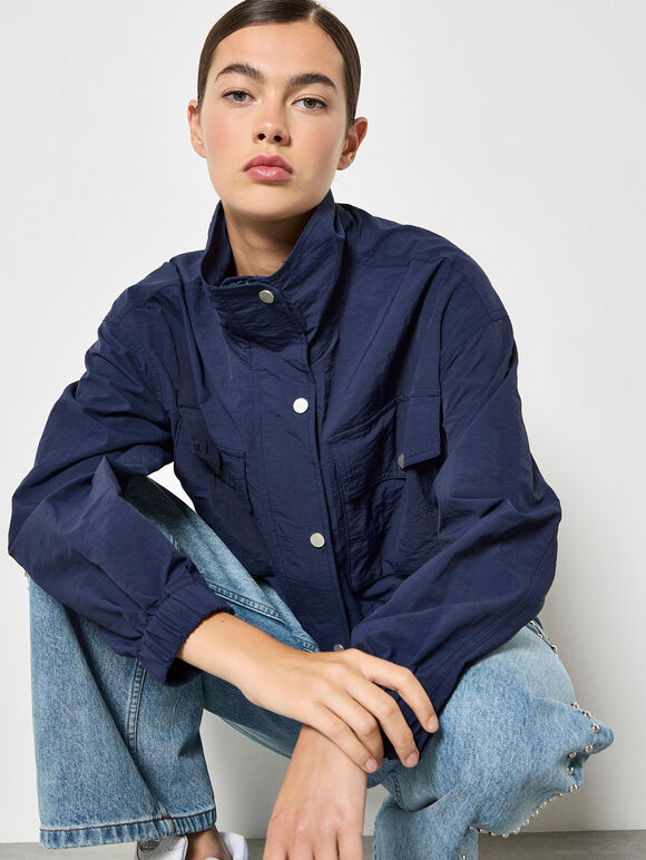 Sporty Cropped Jacket, Navy, large