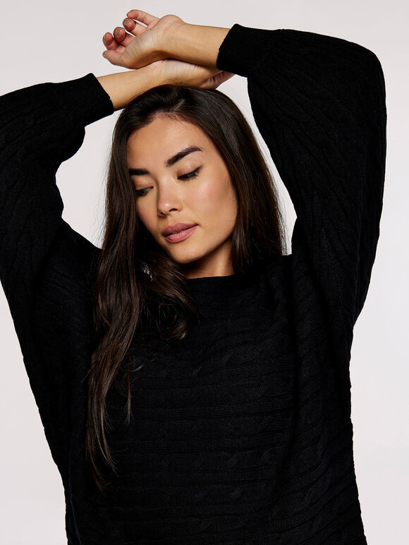 Cable Stripe Batwing Aran Jumper, Black, large