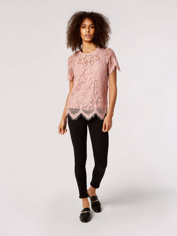 Guipure Scallop Lace Top, Pink, large
