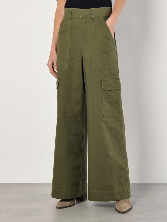 Wide Leg Cotton Cargo Trousers, Khaki, large