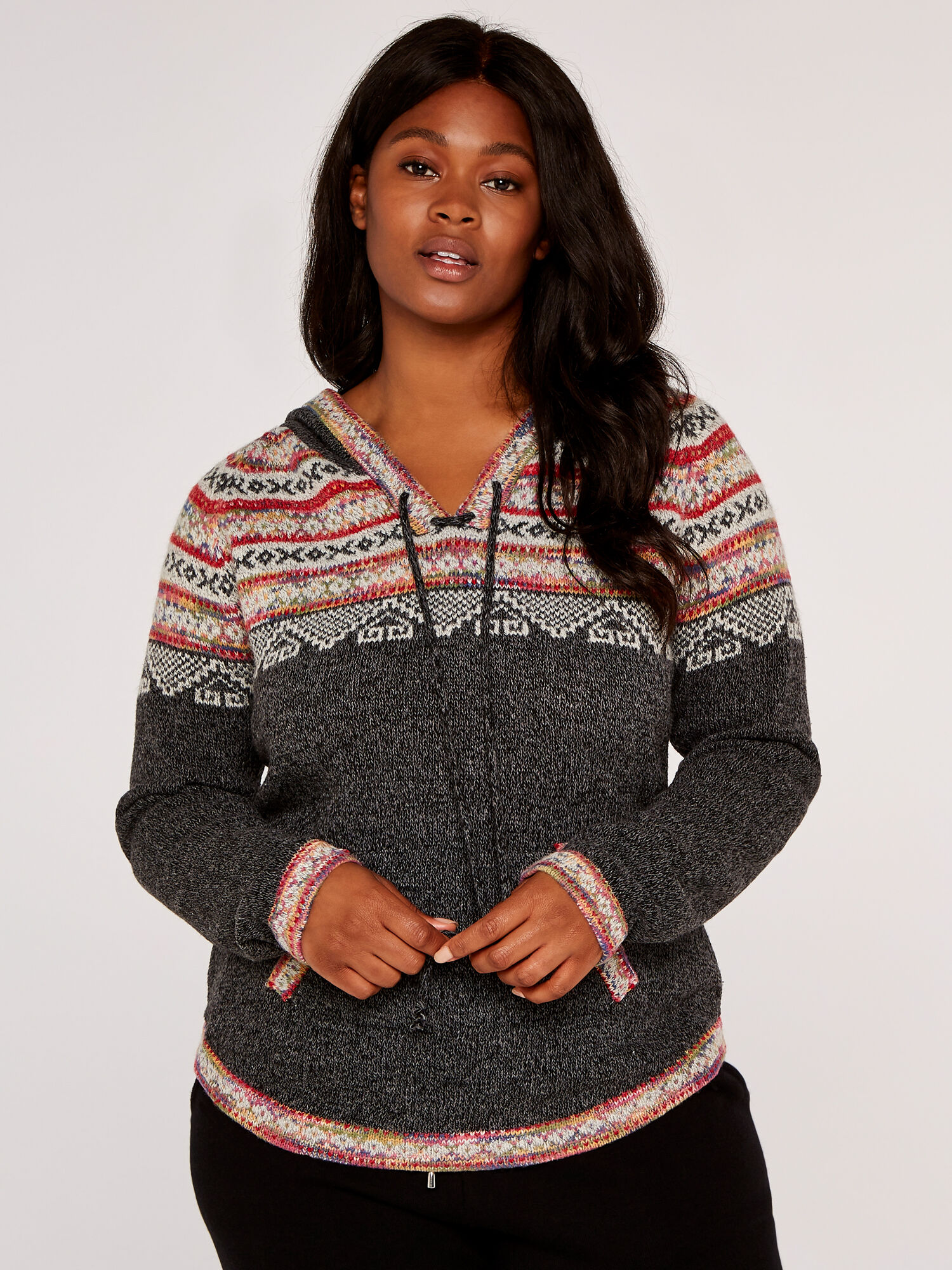Curve Aztec Knitted Hoodie Apricot Clothing
