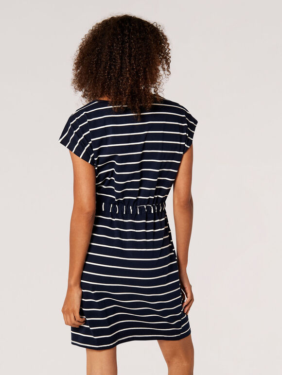 Stripe Drawstring Waist Mini Dress, Navy, large