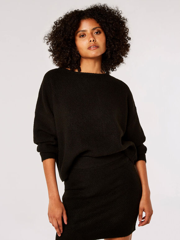 Oversized Batwing Boucle Jumper, Black, large