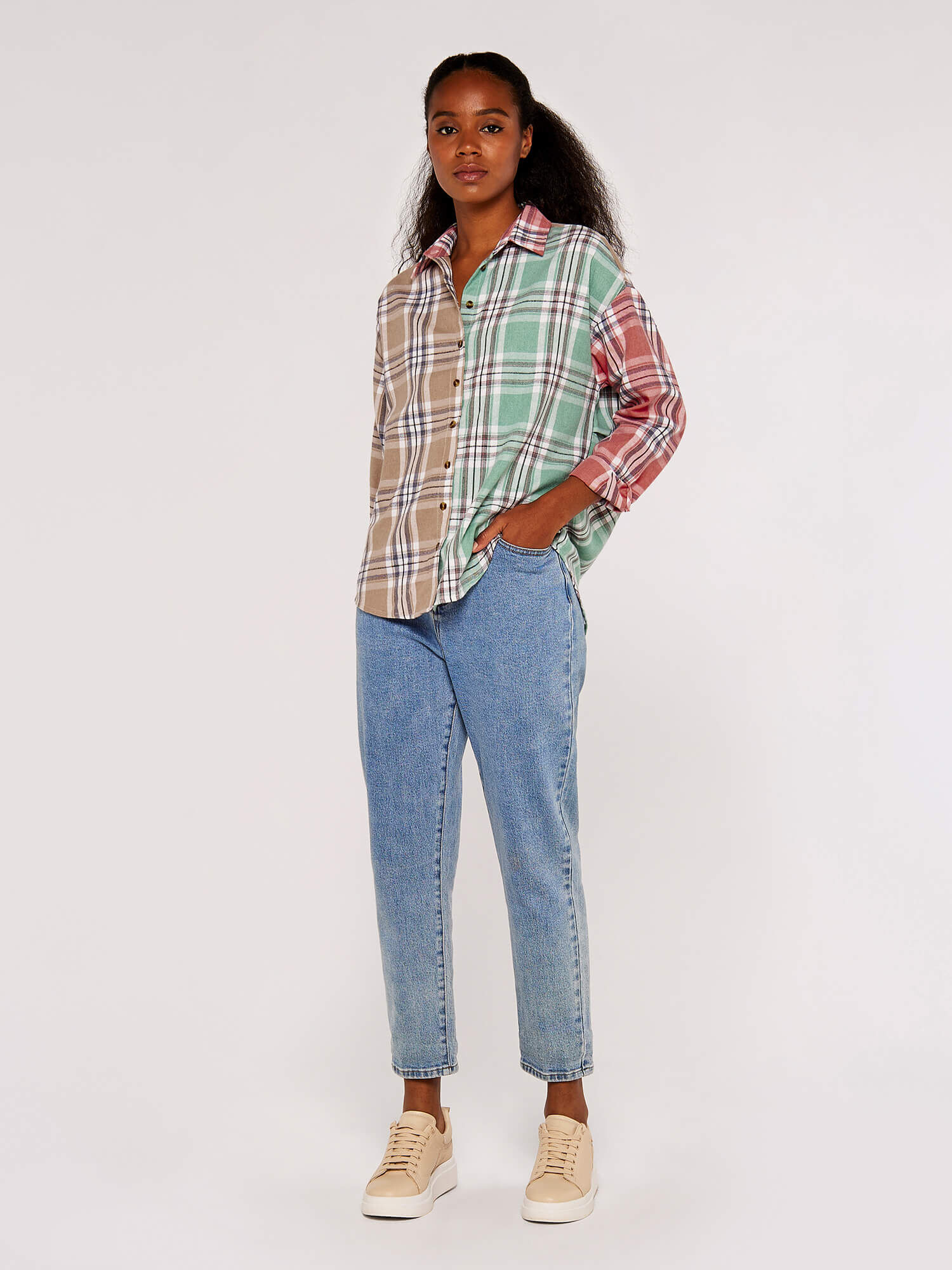 Patchwork Plaid Shirt Apricot Clothing