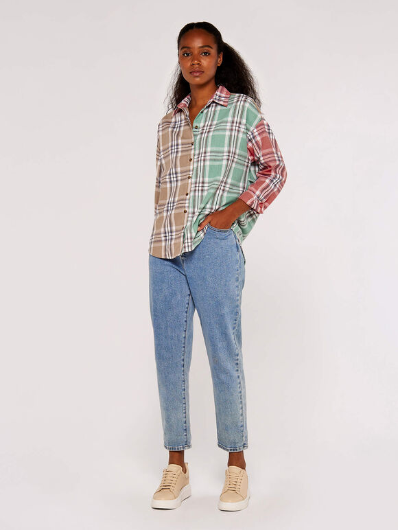 Patchwork Plaid Shirt, Mint, large