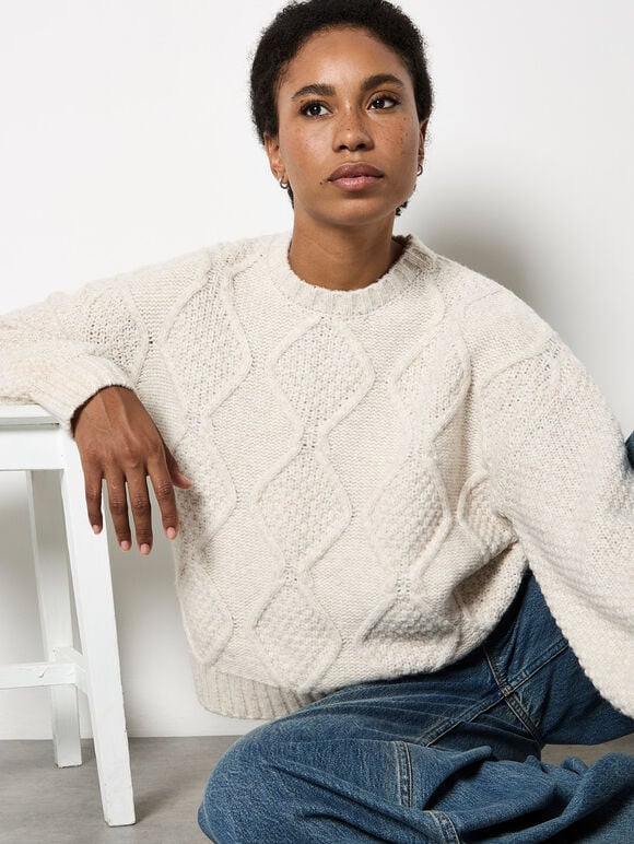 Chunky Cable Knit Crop Jumper, Stone, large