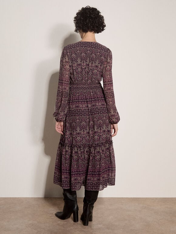 Floral Print Ruffle Midi Dress, Purple, large