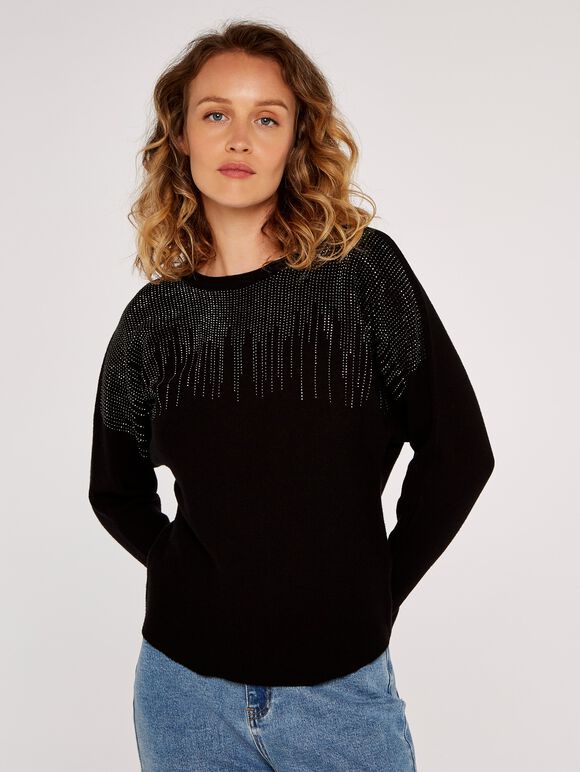 Stud Detail Batwing Jumper, Black, large