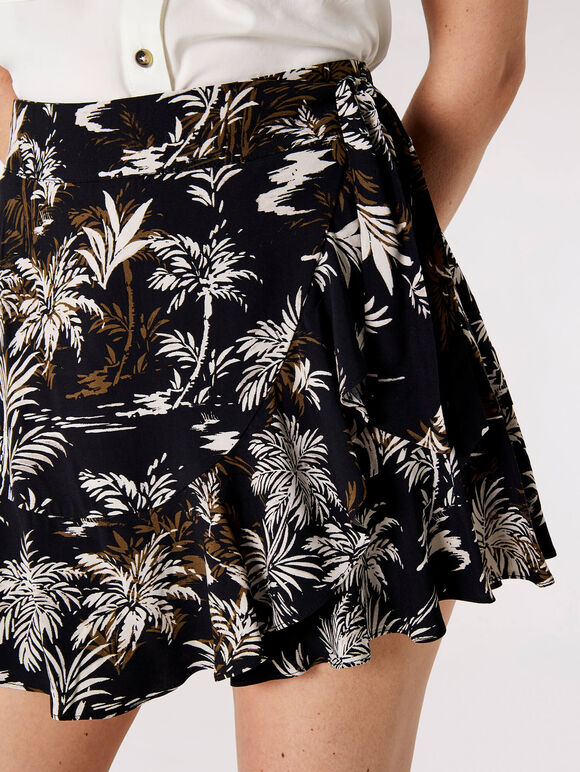 Palm Scene Wrap Skort, Black, large