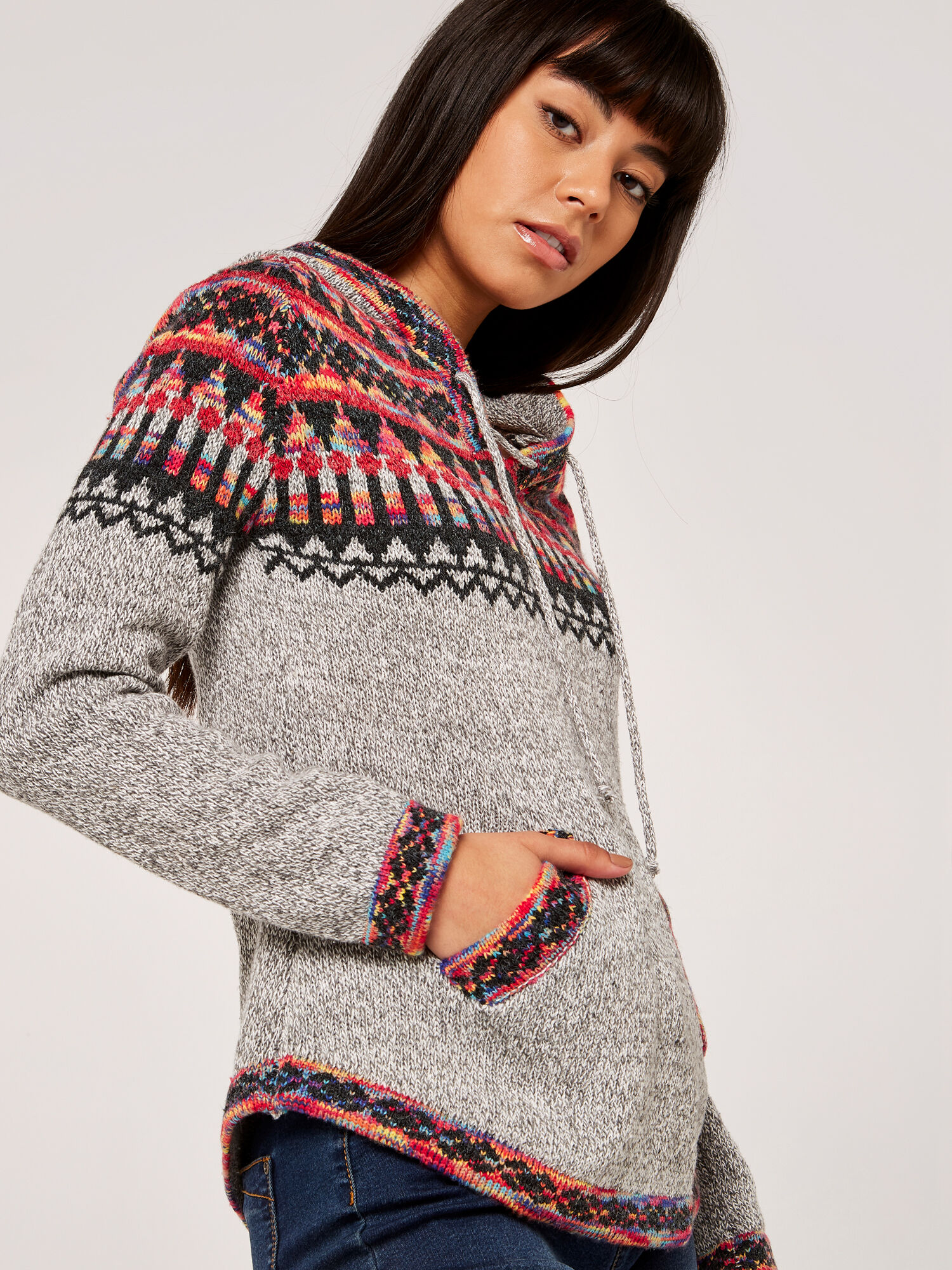 Aztec Knit Hooded Jumper Apricot Clothing