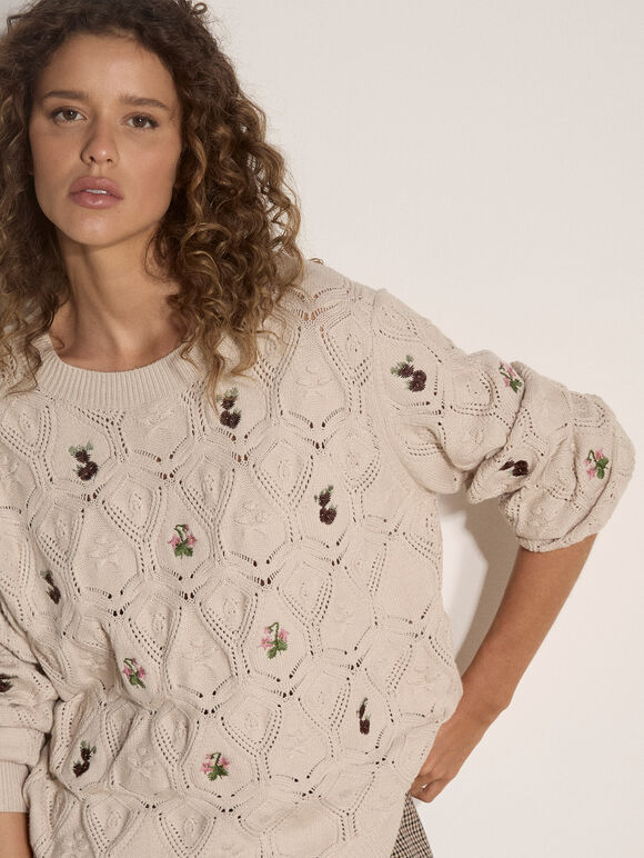 Pointelle Knit Floral Embroidered Jumper, Stone, large