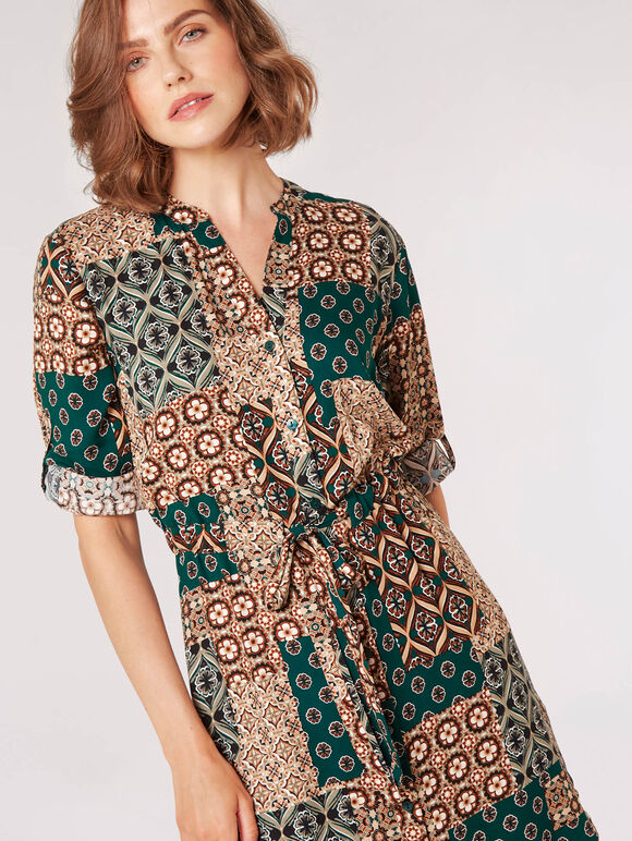Retro Patchwork Shirt Mini Dress, Green, large