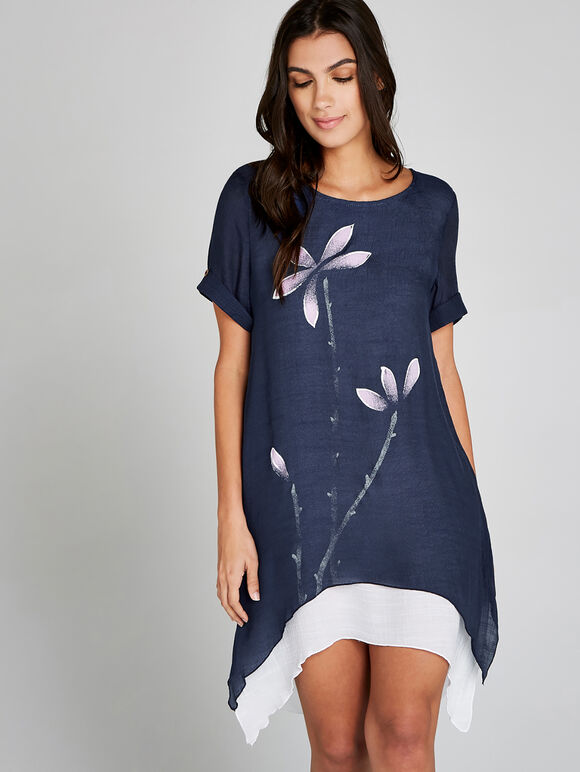 Navy Flower Double Layer Tunic Dress, Navy, large