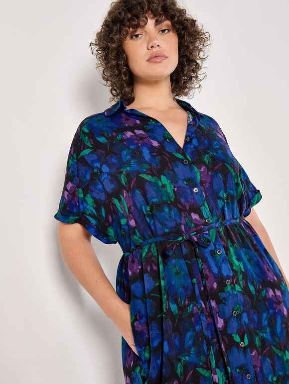 Curve Floral Shirt Midaxi Dress, Blue, large