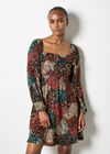 Patchwork Print Boho Mini Dress, Brown, large