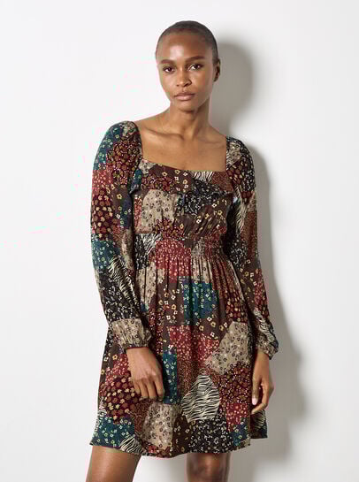 Patchwork Print Boho Mini Dress